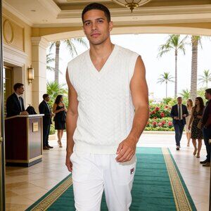 Fila Men’s Baseline Cable Knit Vest LU43E981 Cream White Size L Tennis Sweater